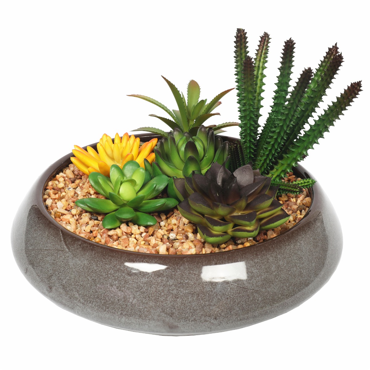 1780016_10 Potted Artificial Succulents with Round Decorative Bowl 19cm - Image 1