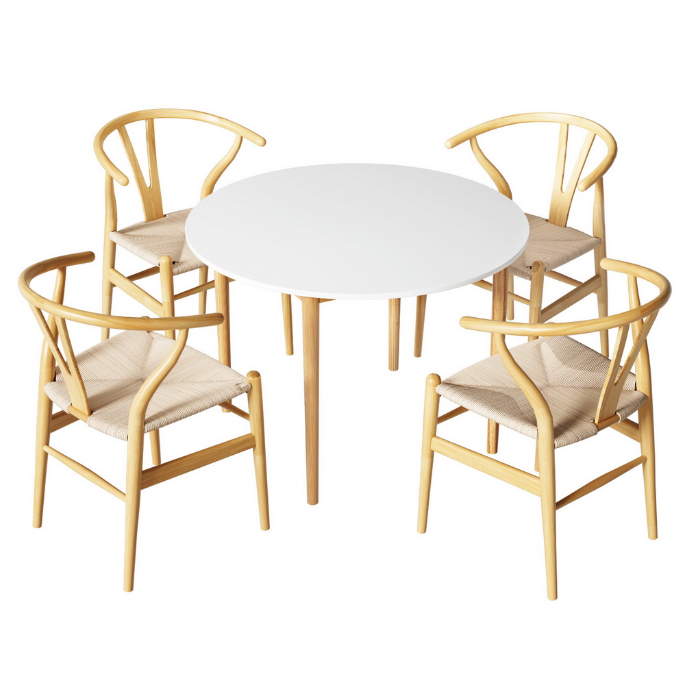 DSET-TAB01-RAT-WDX4-216280-00 1 Artiss Dining Table and 4 Chairs Set Wishbone Wood - Image 1