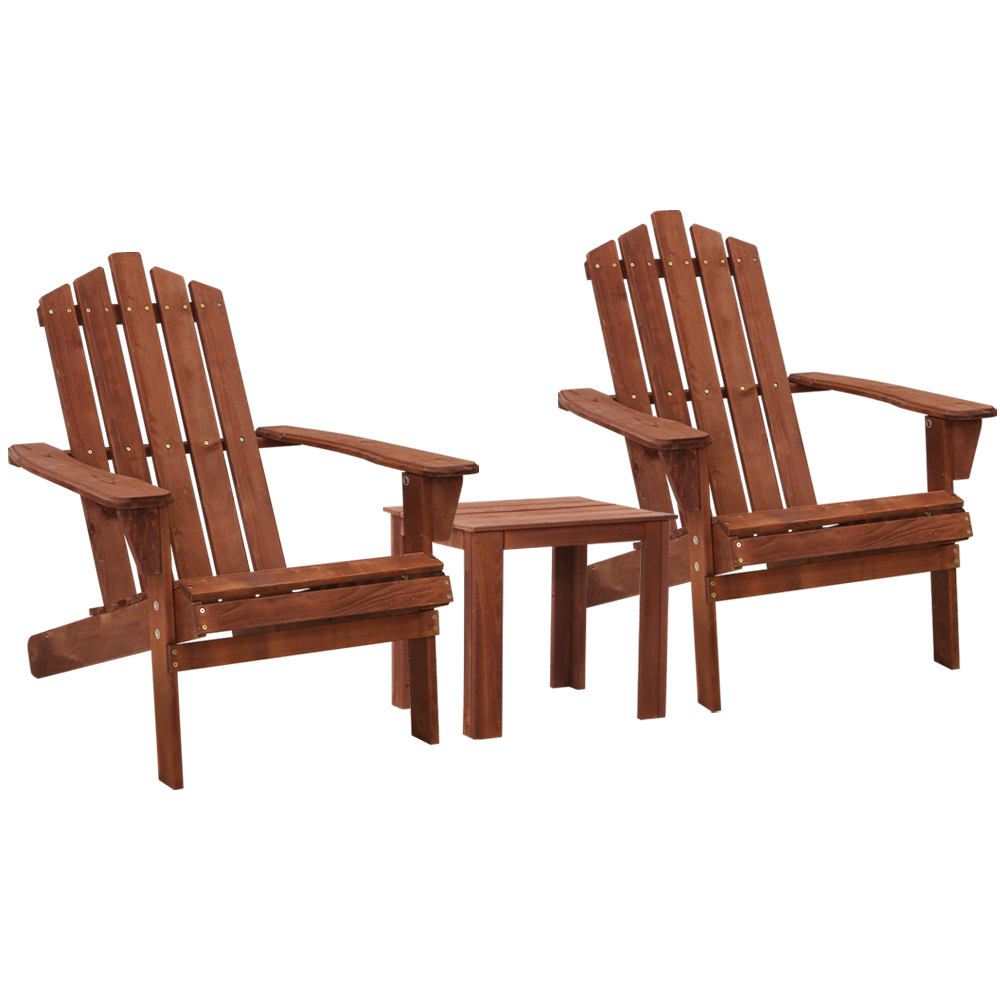 FF-BEACH-UF-CH-BR-3PC-00 Gardeon 3PC Adirondack Outdoor Table and Chairs Wooden Beach Chair Brown - Image 1
