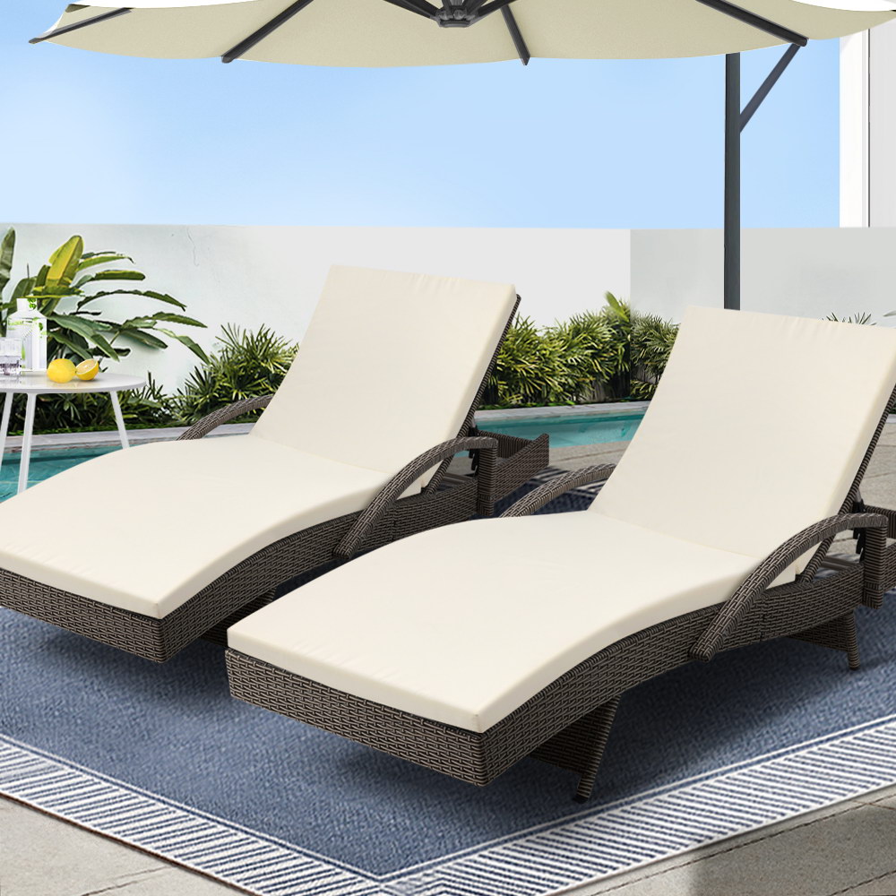 FF-LOUNGE-ARM-GEX2-202502281638-00 Gardeon 2PC Sun Lounge Wicker Lounger Outdoor Furniture Beach Chair Adjustable Cushion Grey&Beige - Image 1