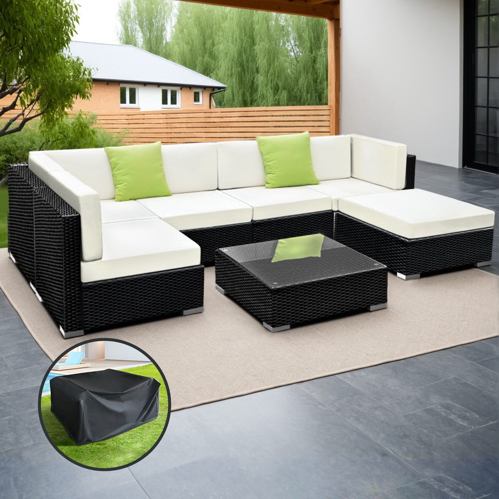 FF-SOFA-BK-7PC-ABC-202502281536-00 Gardeon 7-Piece Outdoor Sofa Set Wicker Couch Lounge Setting Cover - Image 1