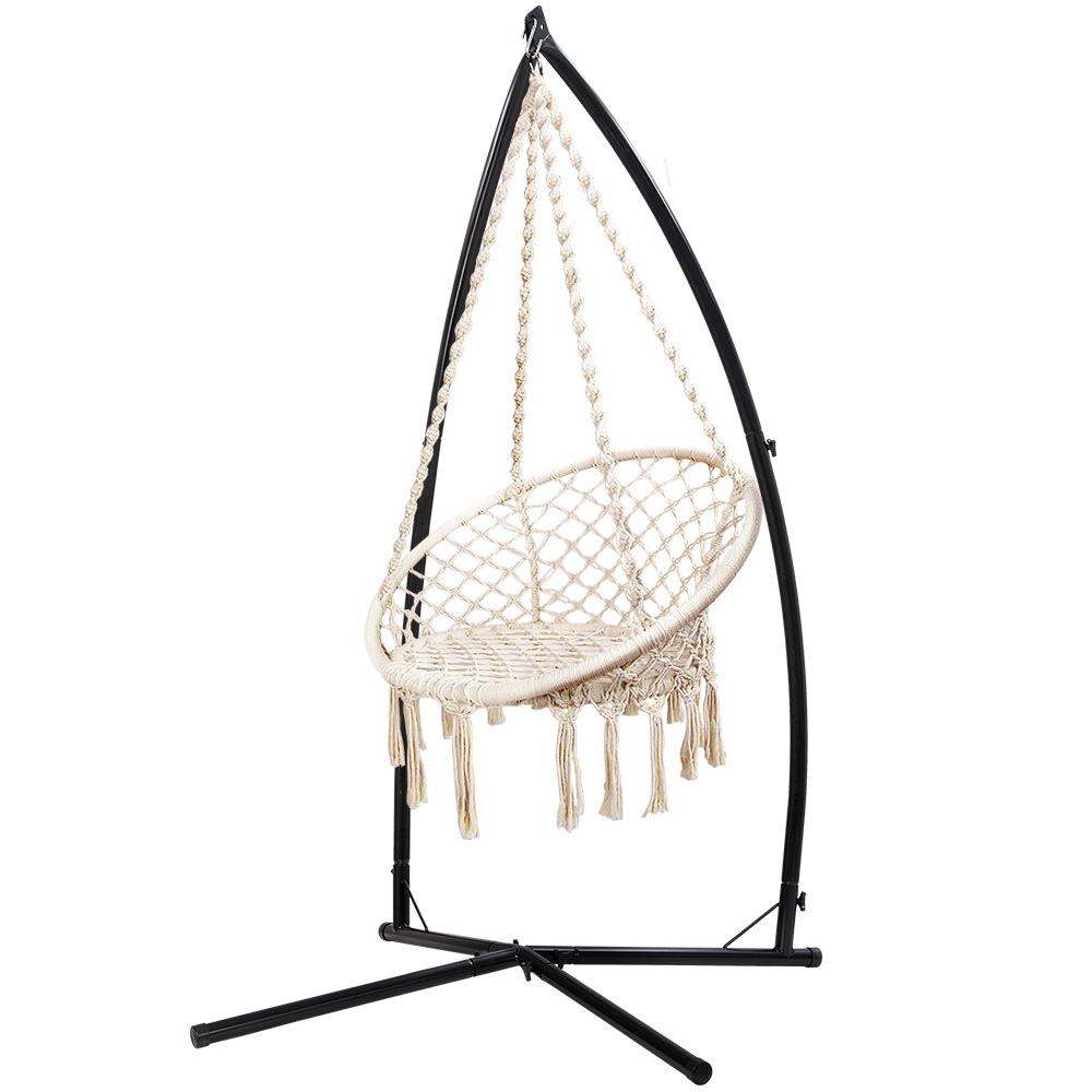 HM-CHAIR-SWING-CREAM-X-39769-00 Gardeon Hammock Chair with Steel Stand Macrame Outdoor Swinging Cream - Image 1