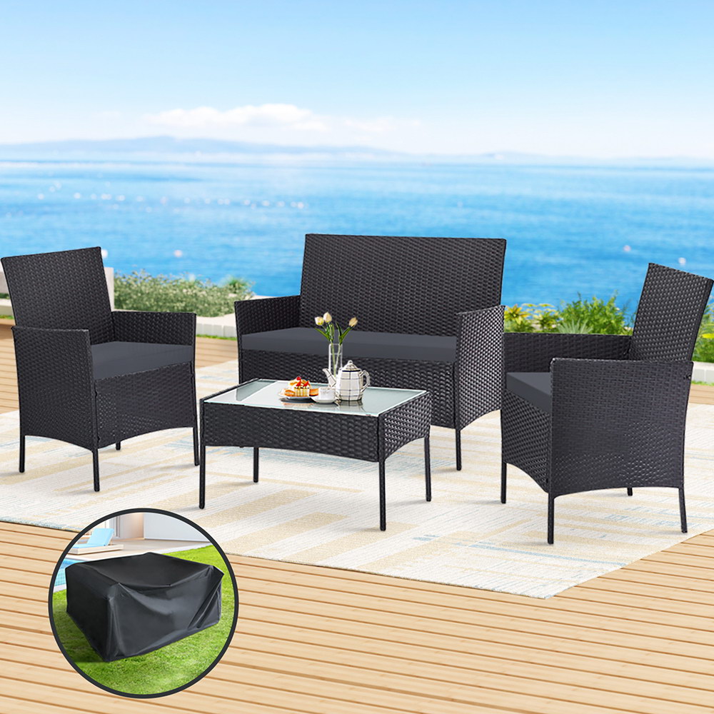 ODF-PATIO-17007-GR-AB-COVER-20643-06 Gardeon 4 Seater Outdoor Sofa Set with Storage Cover Wicker Table Chair DarkGrey - Image 1