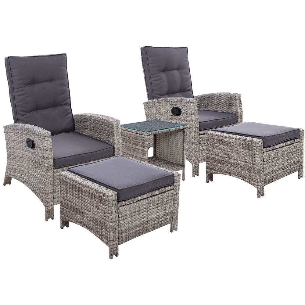 ODF-RECLINER-CHOTTB-5GE-00 Gardeon 5PC Recliner Chairs Table Sun lounge Wicker Outdoor Furniture Adjustable Grey - Image 1