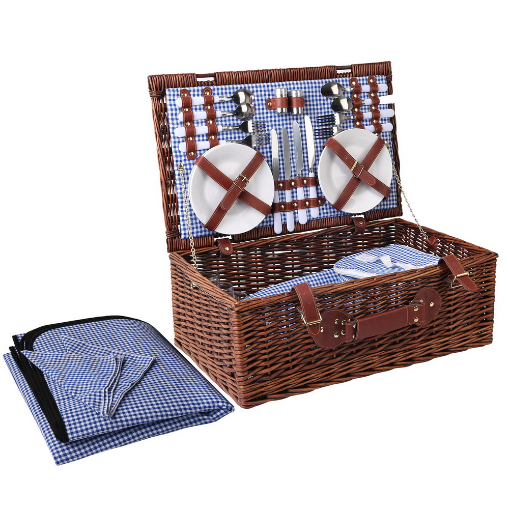 PIC-BAS-4P-CO-BRBU-00 Alfresco 4 Person Picnic Basket Set Insulated Blanket Storage Bag - Image 1