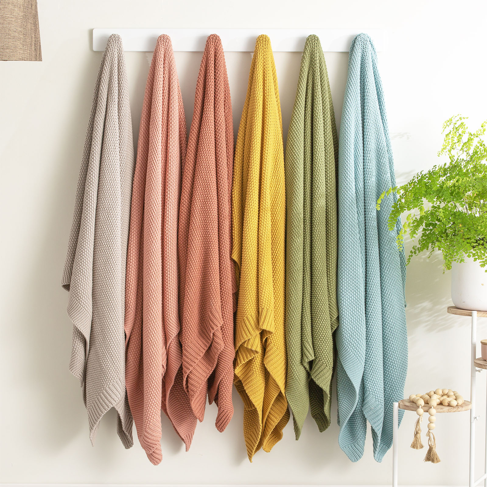 V107-SH323335-196206-00 Moss Seed Stitch 100% Cotton Knitted Blue Throw by Renee Taylor - Image 1