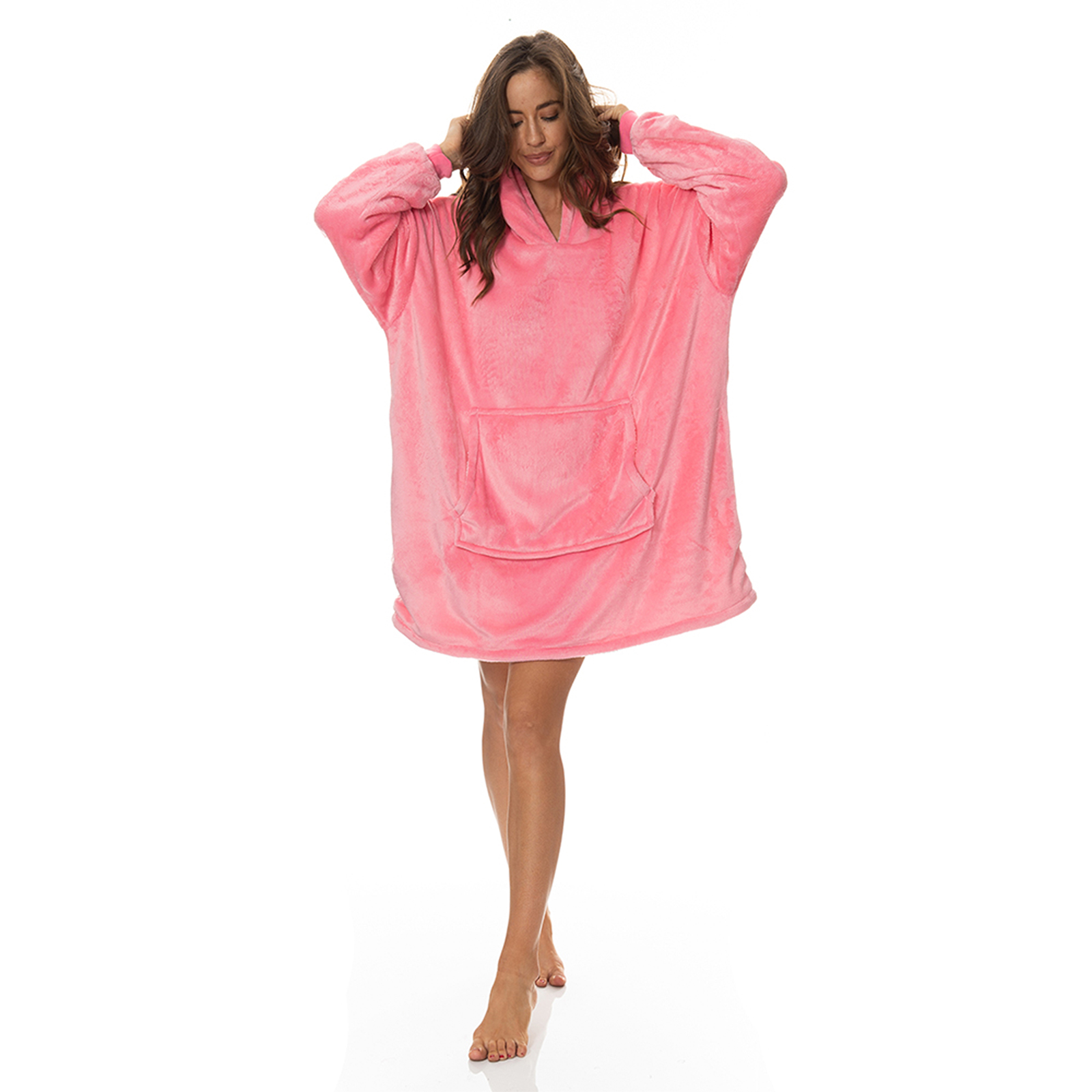 V160-10002683-01_6_2 Royal Comfort Snug Hoodie Nightwear Super Soft Reversible Coral Fleece 750GSM - Pink - Image 1