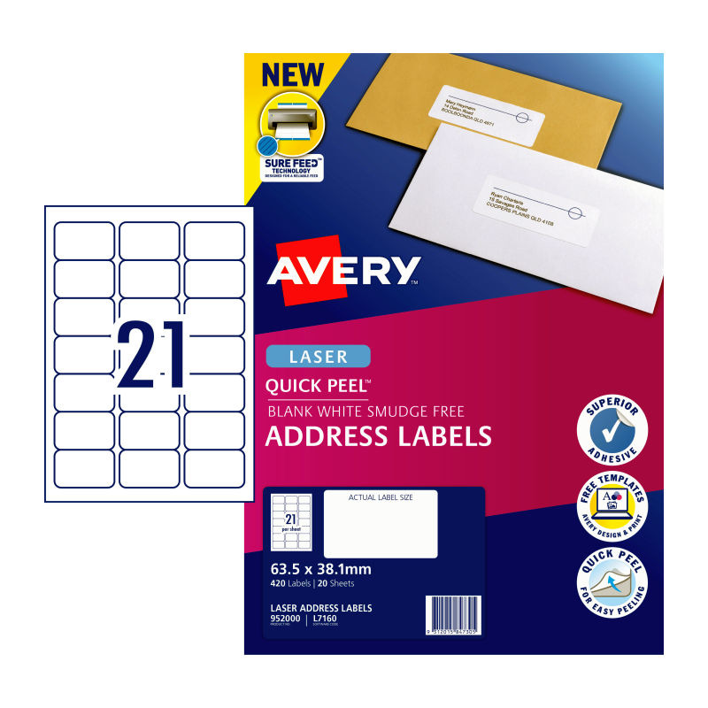 V177-D-AV952000-uc__42069-00 AVERY Laser Label QP L7160 21Up Pack of 20 - Image 1