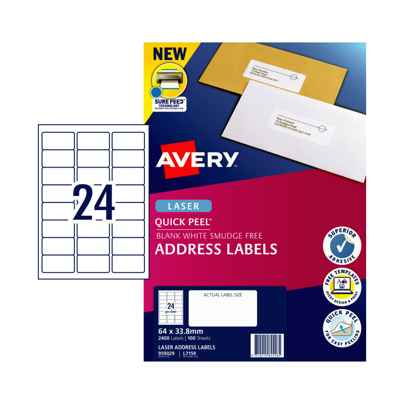 V177-D-AV959029-57902-00 AVERY Laser Label QP L7159 24Up Pack of 100 - Image 1