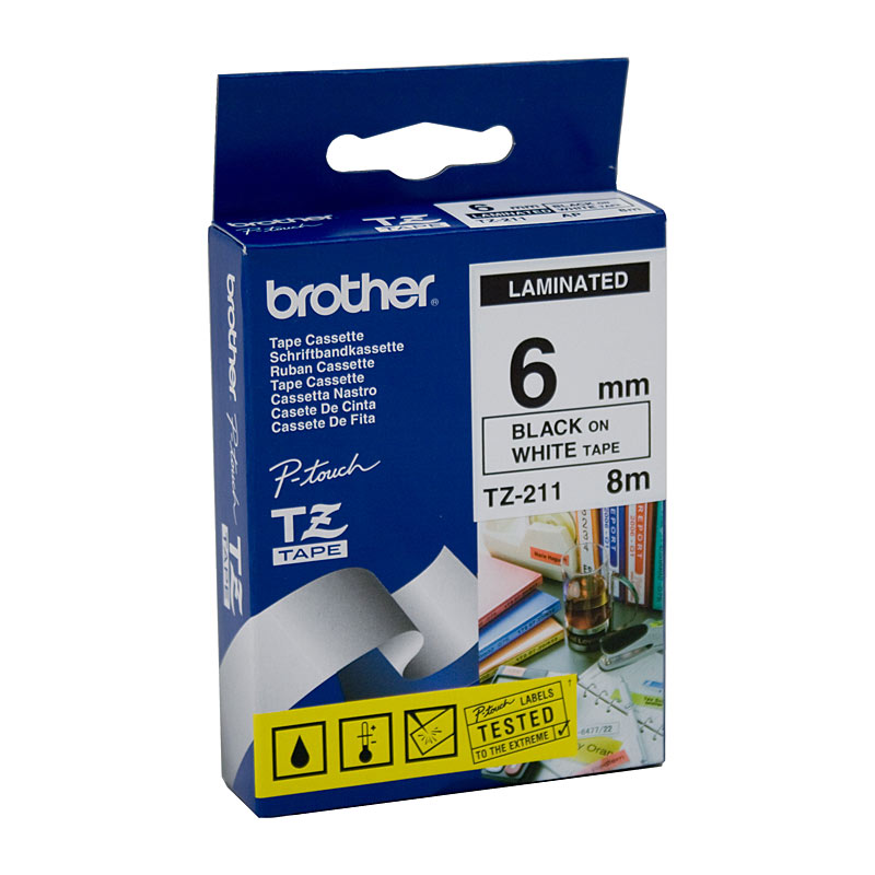 V177-D-BTZ211_uc__34607_1 BROTHER TZe211 Labelling Tape 6mm Black on White TZE Tape - Image 1