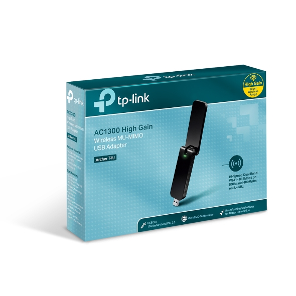 V177-L-NWTL-ARCHERT4U-NWTL-ARCHERT4U__87012-00 TP-LINK Archer T4U AC1300 Wireless Dual Band USB Adapter 2.4GHz (400Mbps) 5GHz (867Mbps) 1xUSB3 802.11ac Omni Directional Antenna WPS button USB Ext C - Image 1