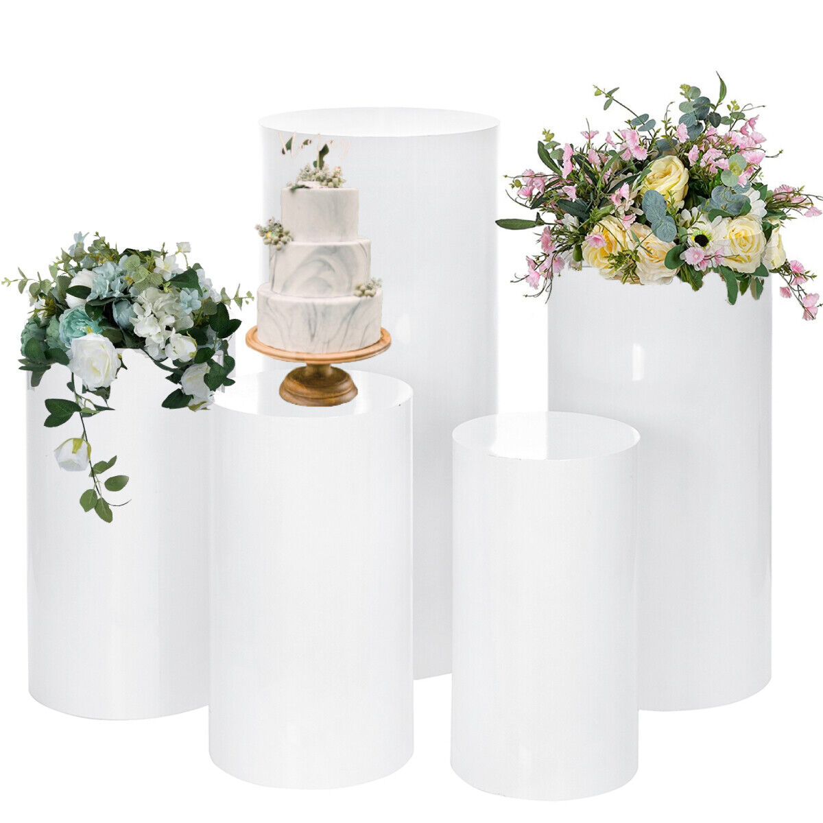 V201-CYL0005WH8AU-86829-00 5PCS Round Plinth Cylinder Display Stand Pedestal Wedding Party Shop Display AU - Image 1