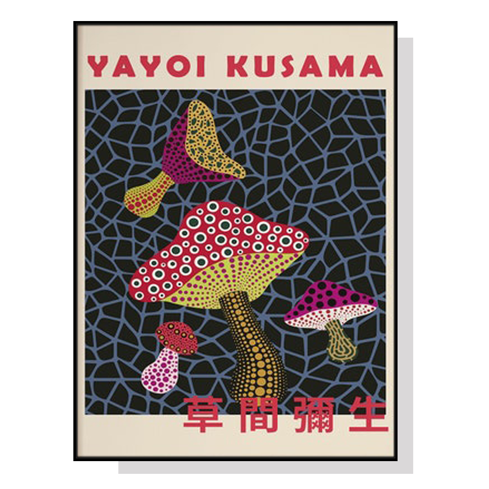 V207-1003_Mushroom-Poster-Yayoi-Kusama-black_1 Wall Art Mushroom By Yayoi Kusama Black Frame Canvas 70cmx100cm - Image 1