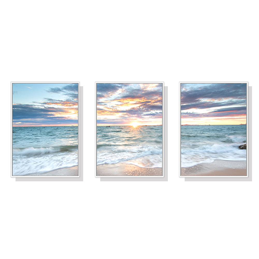 V207-1060_Sunrise-by-the-ocean_1 Wall Art 60cmx90cm Sunrise by the ocean 3 Sets White Frame Canvas - Image 1