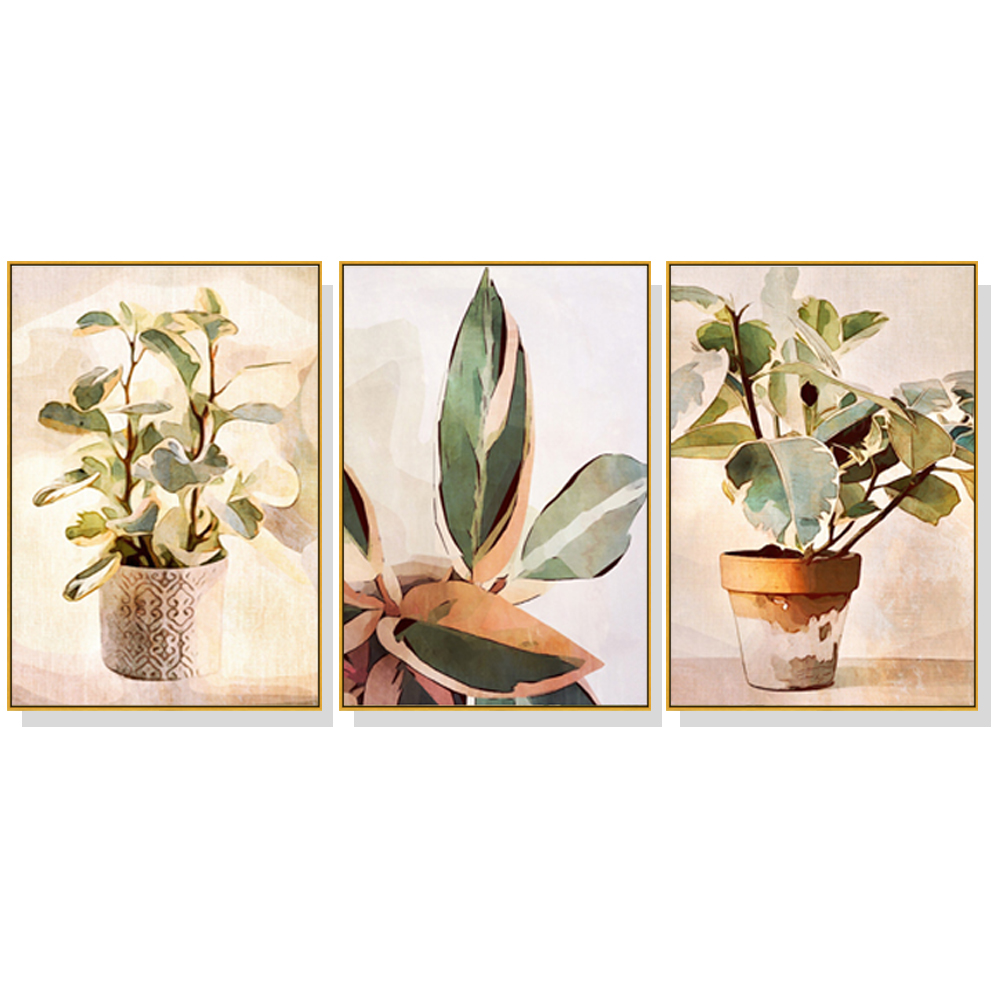 V207-1286-1-146353-00 Wall Art 70cmx100cm Botanical Leaves Watercolor Style 3 Sets Gold Frame Canvas - Image 1