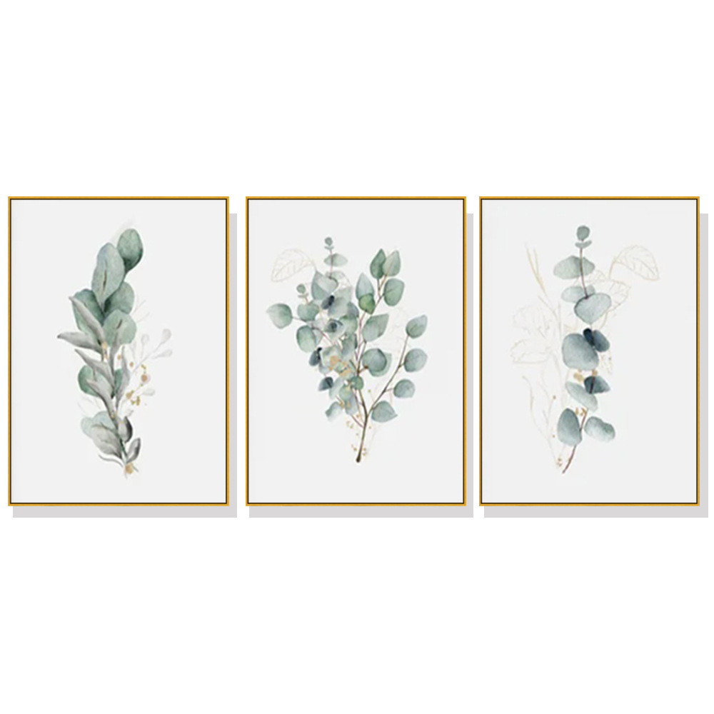 V207-1302-64691-00 Wall Art 50cmx70cm Eucalyptus Plant 3 Sets Gold Frame Canvas - Image 1