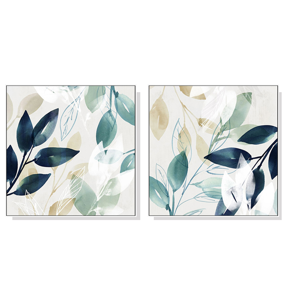 V207-1310-2-146105-00 Wall Art 80cmx80cm Watercolour style leaves 2 Sets White Frame Canvas - Image 1