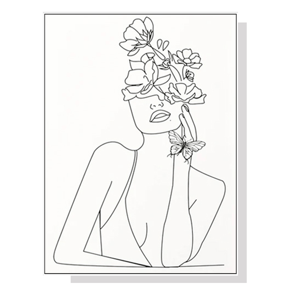 V207-1317-64825-00 Wall Art 60cmx90cm Line Art Girl White Frame Canvas - Image 1