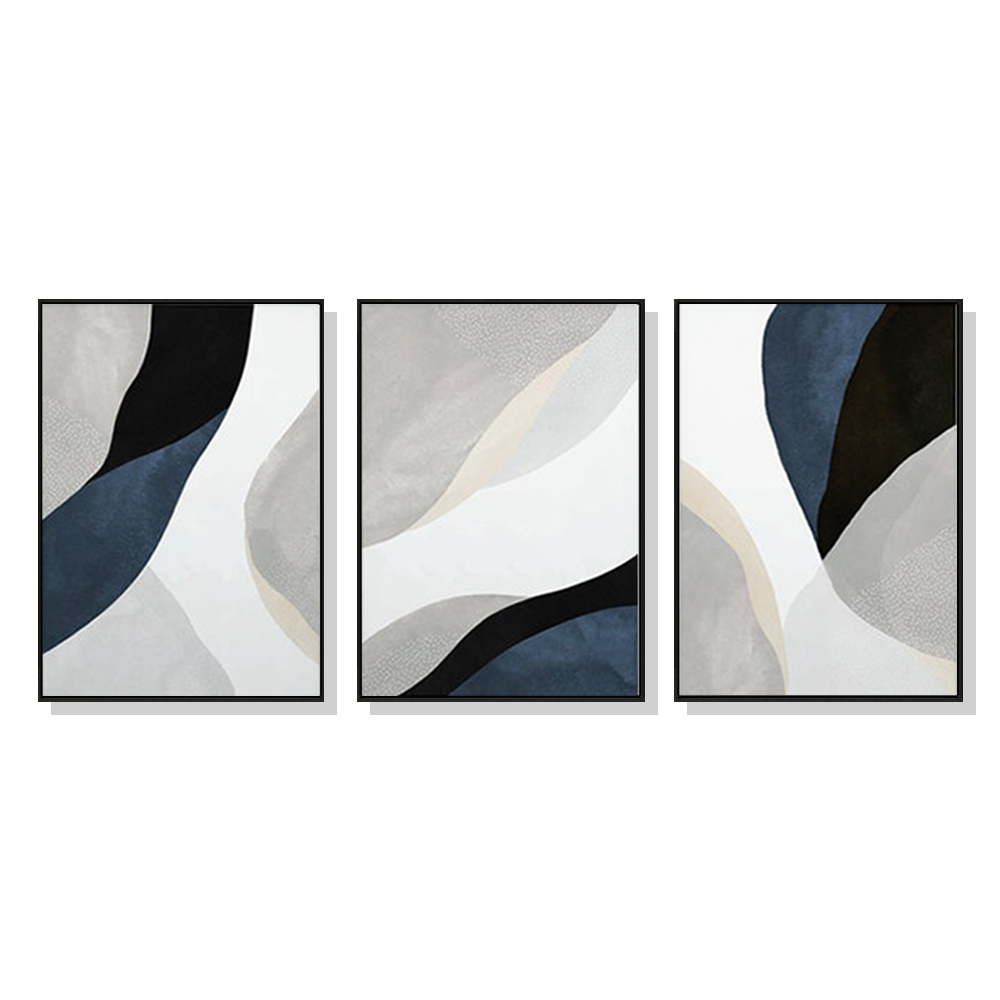 V207-1338-65076-00 Wall Art 50cmx70cm Abstract Navy Blue 3 Sets Black Frame Canvas - Image 1