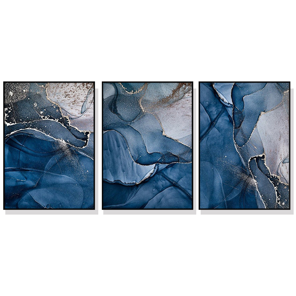 V207-1365-65133-00 Wall Art 40cmx60cm Blue Gold Marble 3 Sets Black Frame Canvas - Image 1