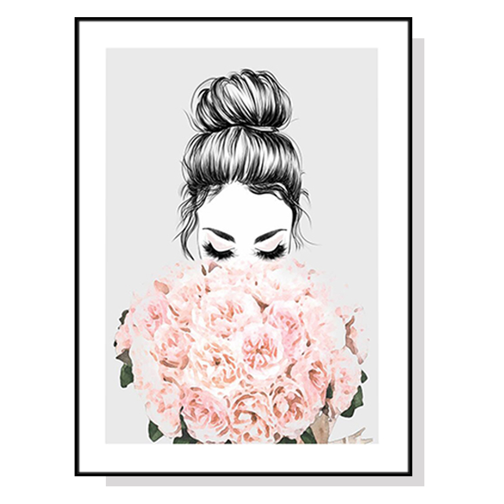 V207-1401-65166-00 Wall Art 70cmx100cm Roses Girl Black Frame Canvas - Image 1