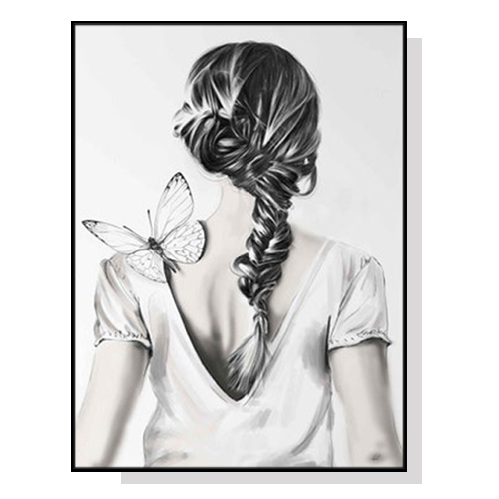 V207-1442-66043-00 Wall Art 80cmx120cm Woman Back With Butterfly Black Frame Canvas - Image 1
