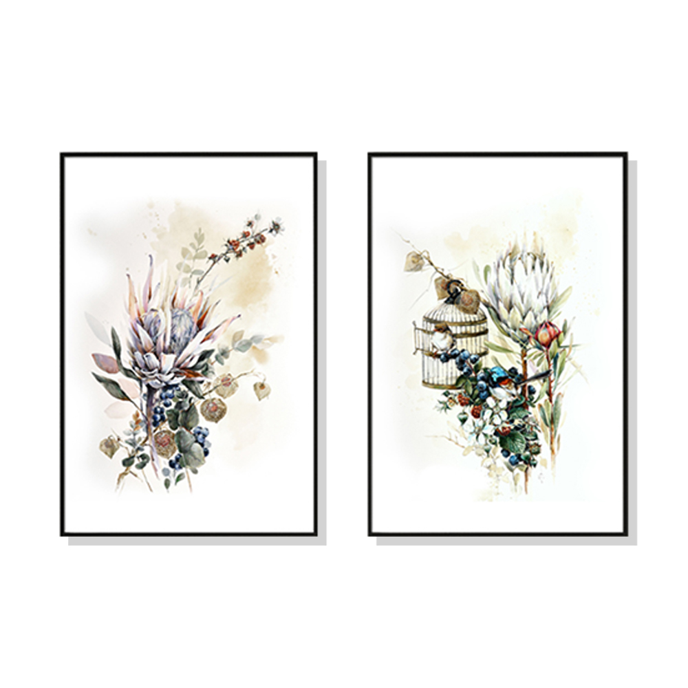 V207-1458-66053-00 Wall Art 50cmx70cm Berries And Protea 2 Sets Black Frame Canvas - Image 1