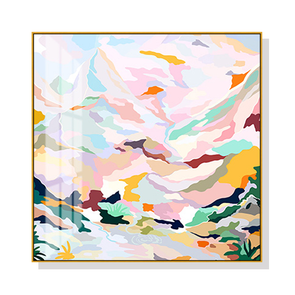 V207-1502-66553-00 Wall Art 50cmx50cm Abstract Pink Mountain Hand Painted Style Gold Frame Canvas - Image 1