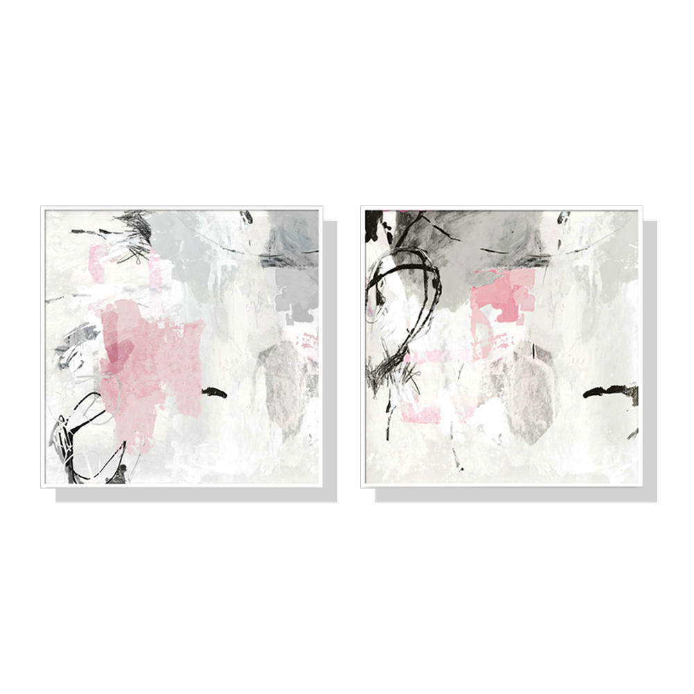 V207-1510-4-145821-00 Wall Art 100cmx100cm Abstract Pink Grey 2 Sets White Frame Canvas - Image 1