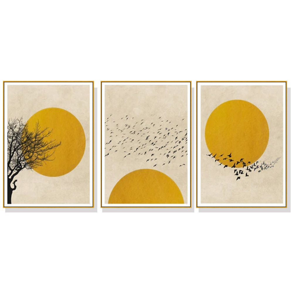 V207-1527-66572-00 Wall Art 50cmx70cm Flock Of Birds Sun Silhouette 3 Sets Gold Frame Canvas - Image 1