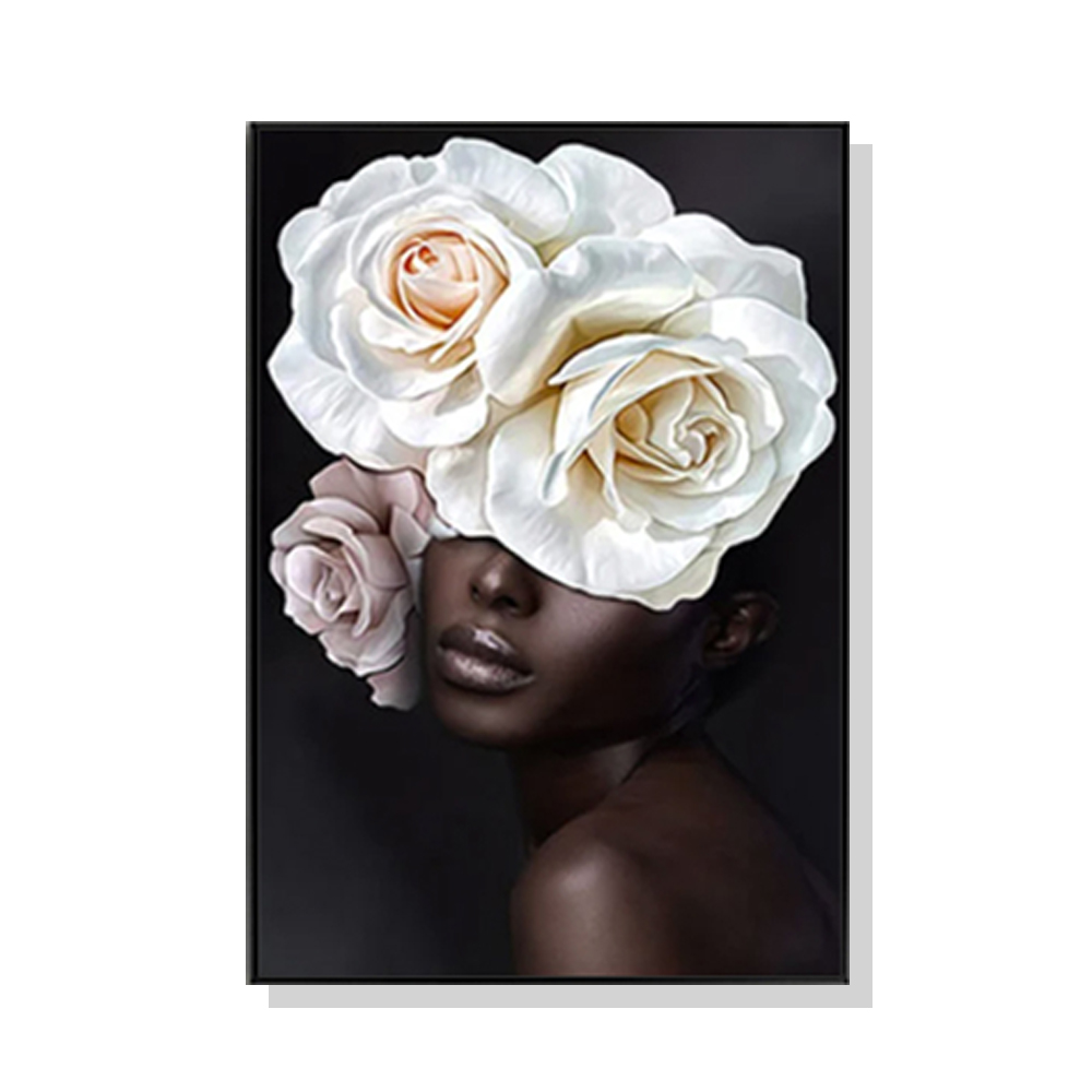 V207-1559-66744-00 Wall Art 60cmx90cm Flower African Woman Black Frame Canvas - Image 1