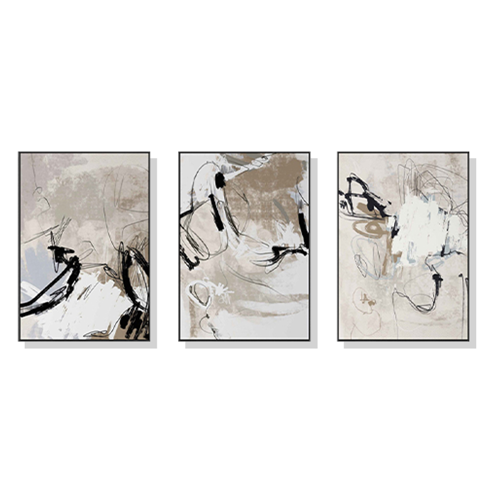 V207-1572-66752-00 Wall Art 40cmx60cm Modern Abstract Beige 3 Sets Black Frame Canvas - Image 1