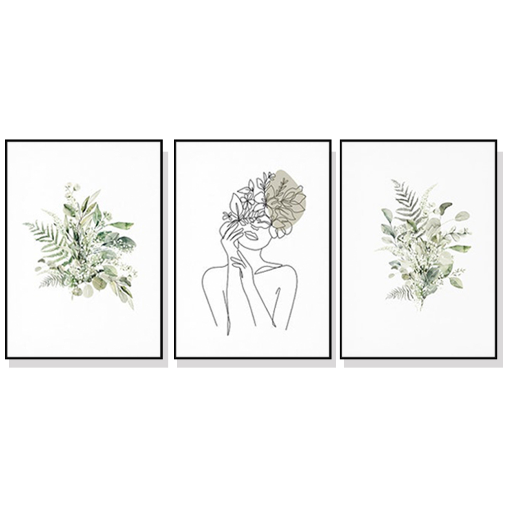 V207-17191-130873-00 Wall Art 70cmx100cm Botanical Line Girl 3 Sets Black Frame Canvas - Image 1