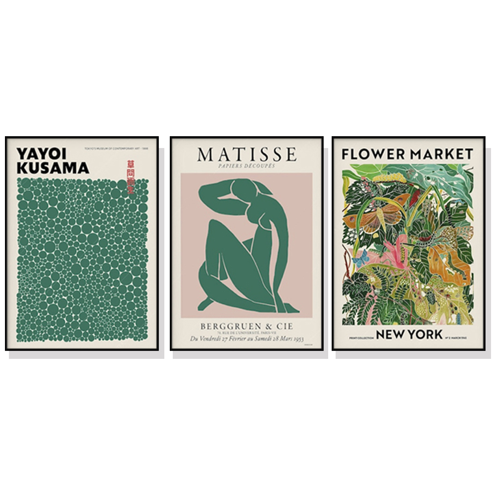 V207-1742-77372-00 Wall Art 60cmx90cm Flower Market, Matisse Print, Yayoi Kusama 3 Sets Black Frame Canvas - Image 1