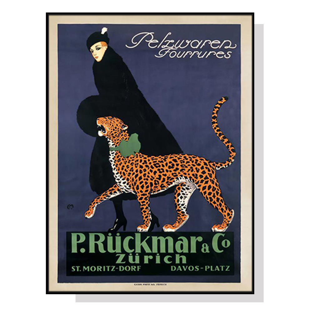V207-1912-83917-00 Wall Art 70cmx100cm Woman Walking Leopard Vintage Black Frame Canvas - Image 1
