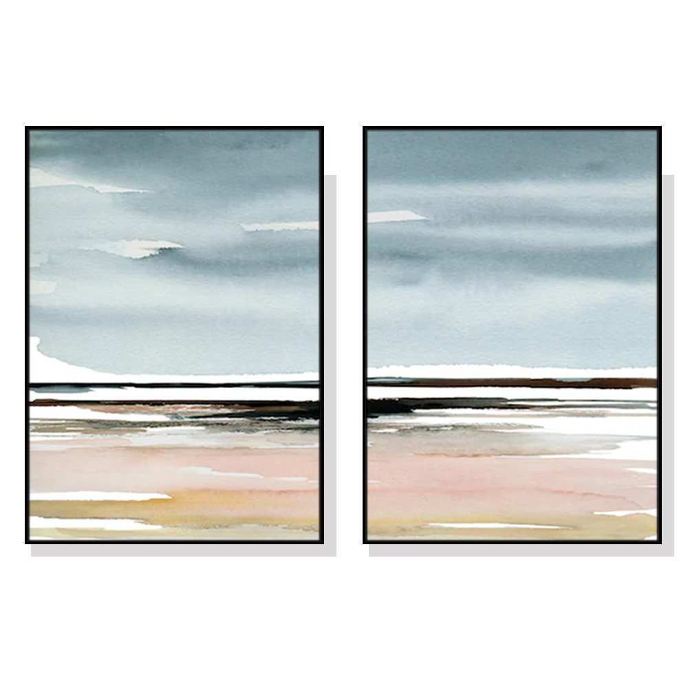 V207-20431-97609-00 Wall Art 40cmx60cm Pink Beach Landscape 2 Sets Black Frame Canvas - Image 1
