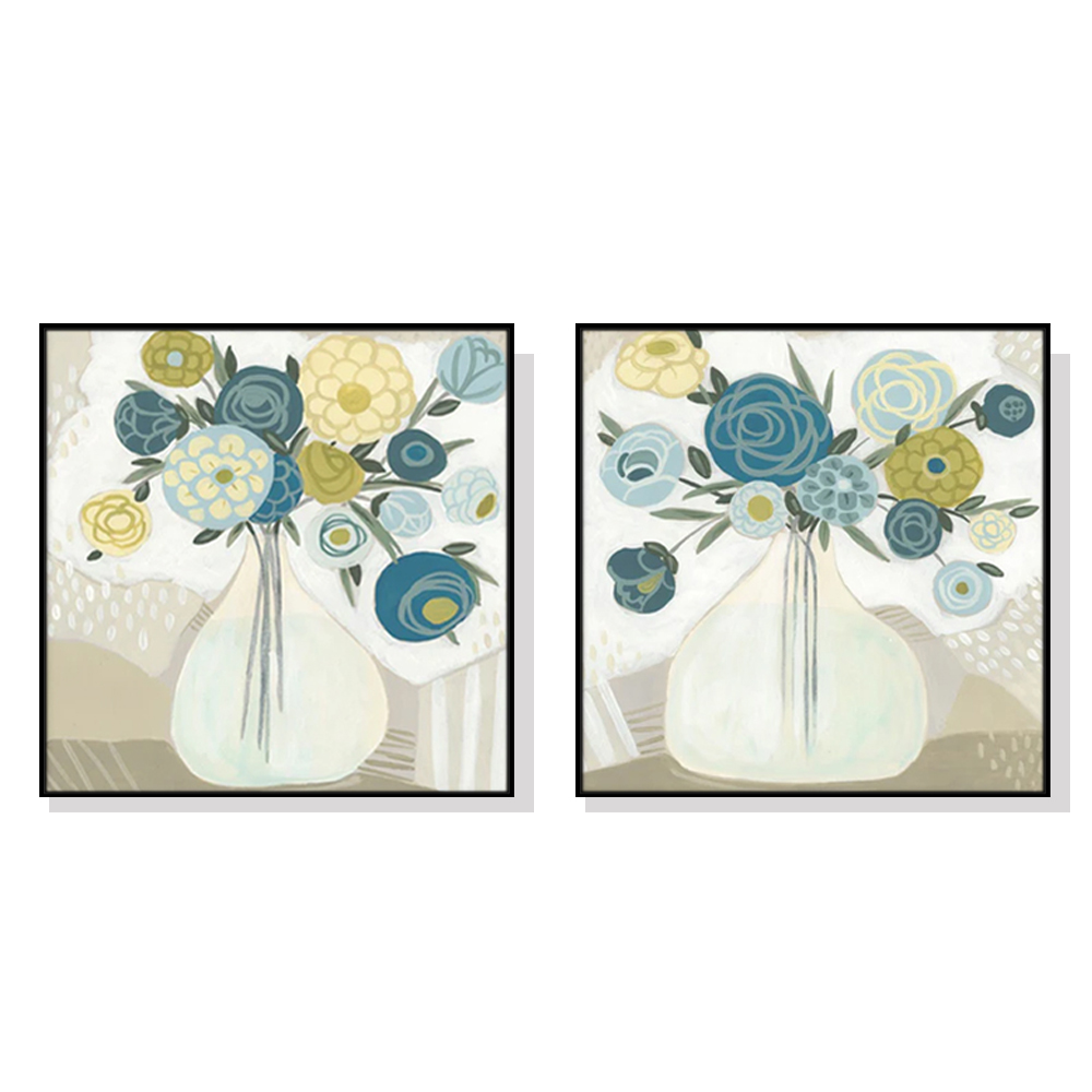 V207-2093-89449-00 Wall Art 70cmx70cm Blue Bouquet 2 Sets Black Frame Canvas - Image 1