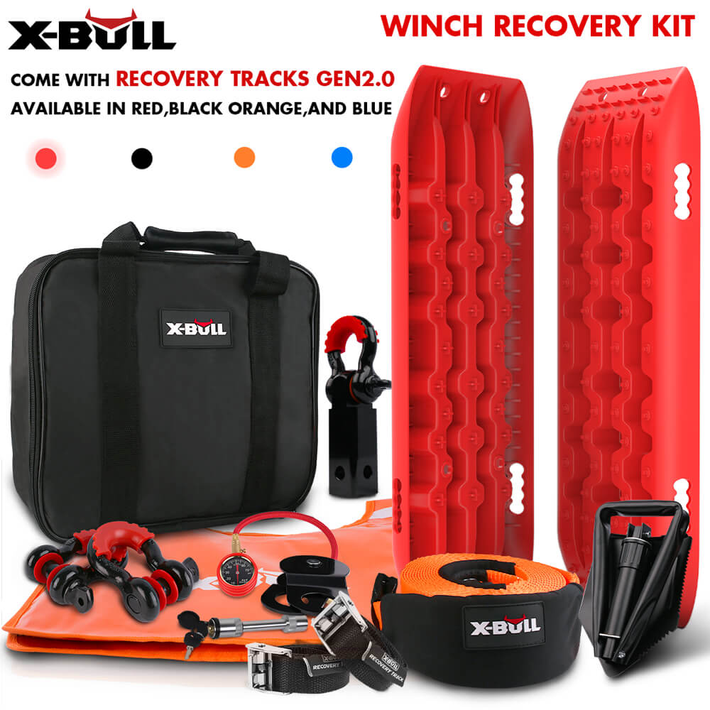 V211-AUEB-XBRK011ST001V-150083-00 X-BULL Winch Recovery Kit Snatch Strap Off Road 4WD with Recovery Tracks Gen 2.0 Boards RED - Image 1