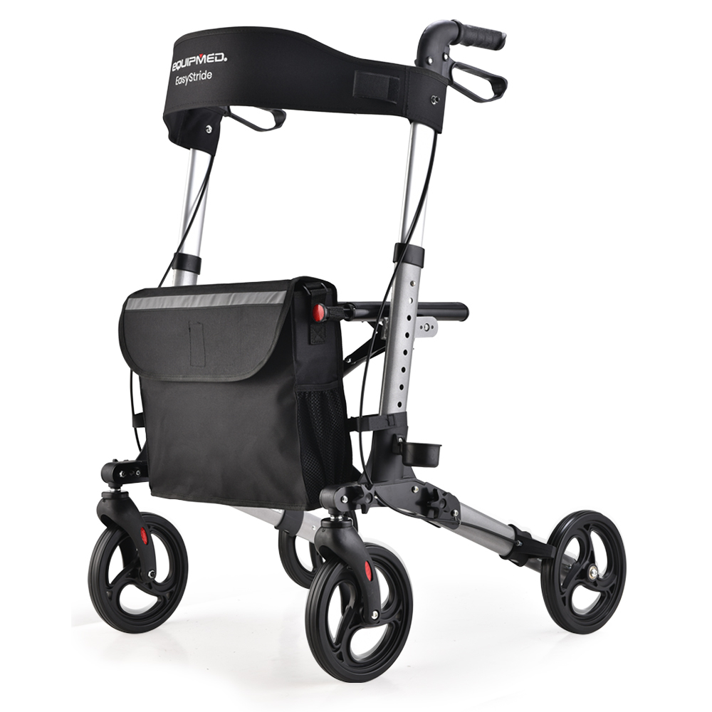 V219-EQHCRL10A-73892-00 EQUIPMED Foldable Aluminium Walking Frame Rollator with Bag and Seat, Silver - Image 1