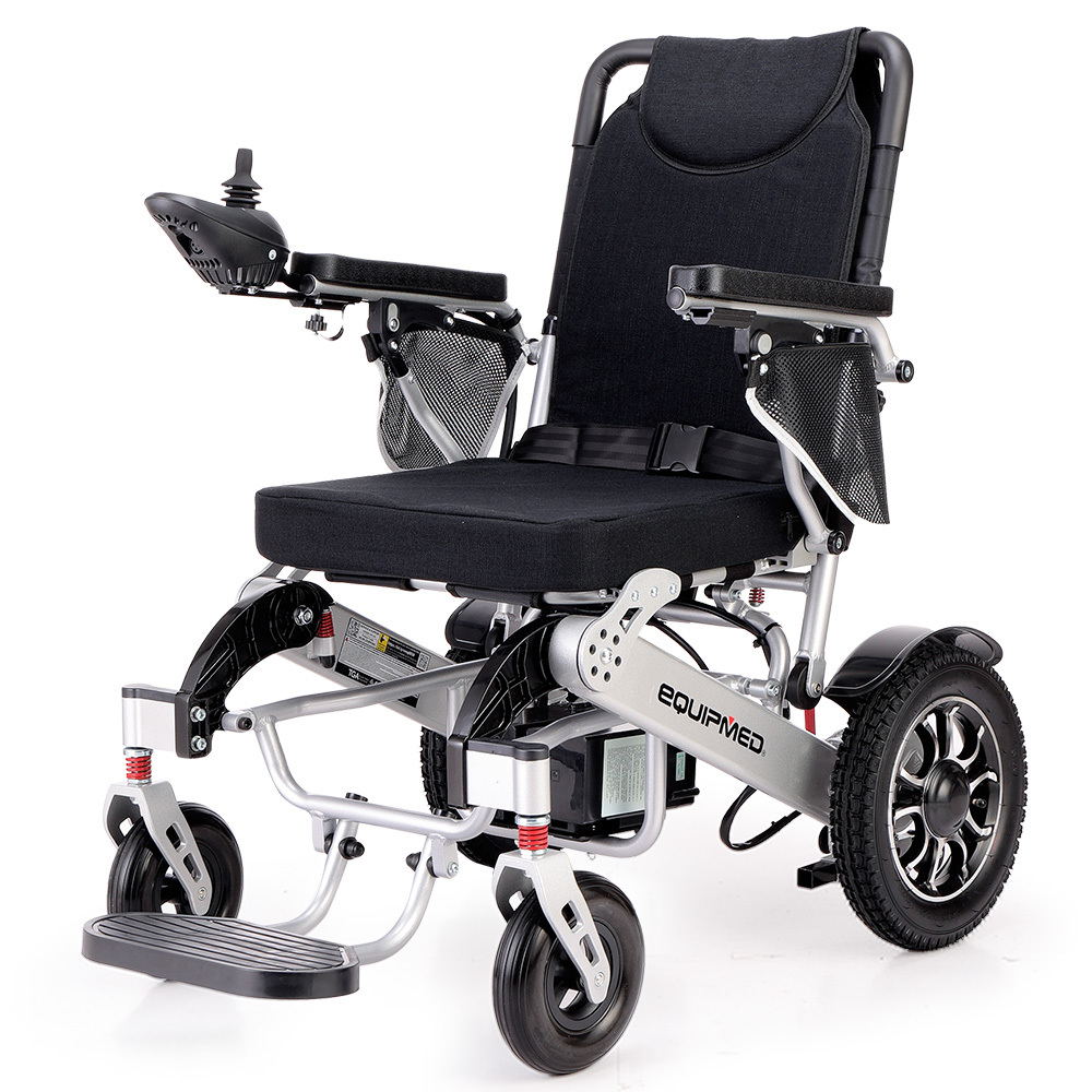 V219-HELWLCEQPKS6A-74101-00 EQUIPMED Power Electric Wheelchair, Airline Approved Wheel Chair, Lightweight, Folding, Long Range, Lithium Batteries, Black & Silver - Image 1
