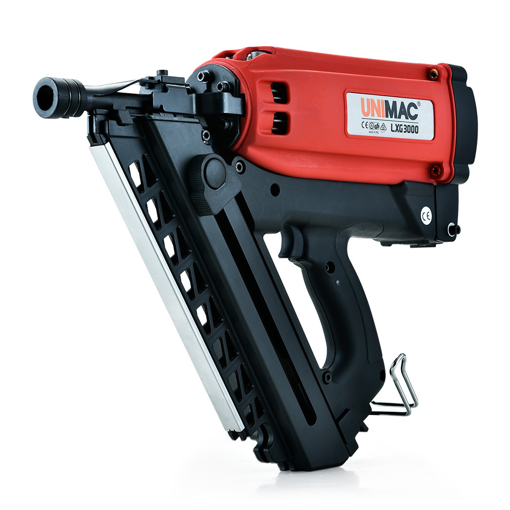 V219-NALGASUMCA34E-NALGASUMCA34E-00 UNIMAC LXG3000 MkII 50-90mm 34-Deg Gas Framing Nail Gun, Commercial Brushless Gas Nailer, with 2 Li-Ion Batteries - Image 1