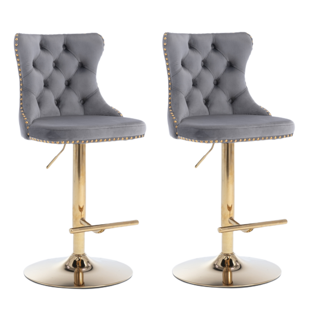 V226-SW1912GY-c08c15_0ff70b1d0ea54d7991015cc54a374006_mv2-00 2x Height Adjustable Swivel Bar Stool Velvet Studs Barstool with Footrest and Golden Base- Grey - Image 1