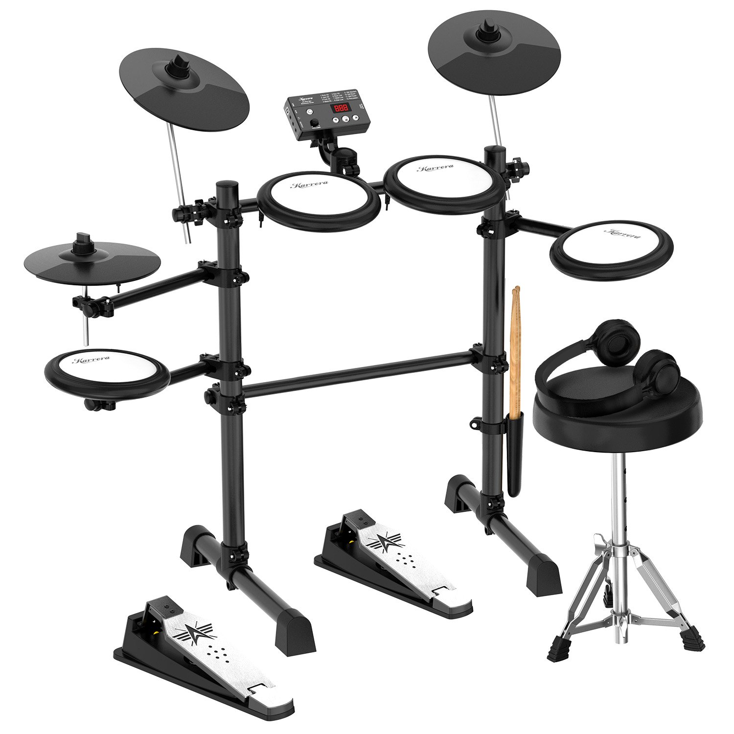 V240-ELE-DRM-5PC-71663-00 Karrera TDX-16 Electronic Drum Kit with LCD, Toms, Snares Quiet Mesh Pads & Pedals, Adjustable Stool, Headphones - Image 1