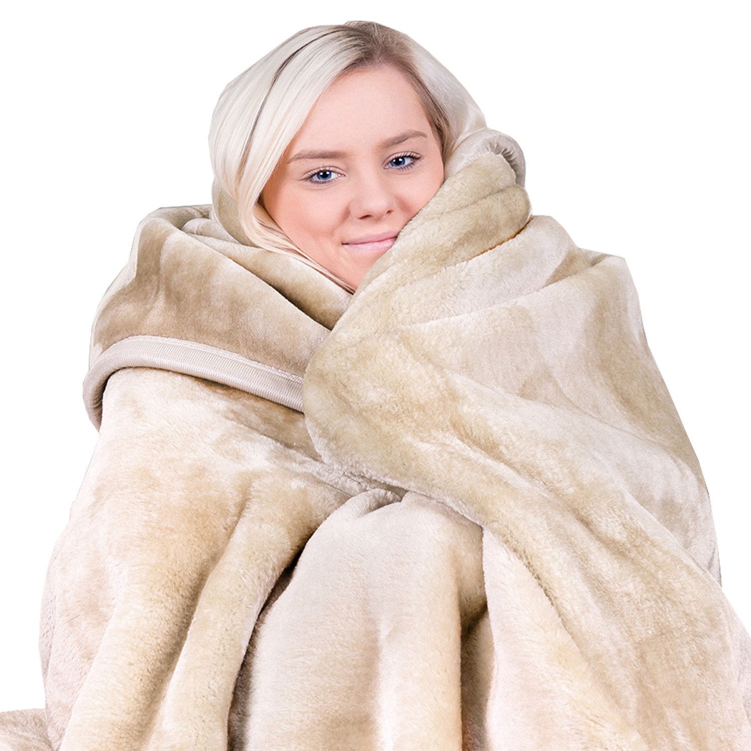 V240-MINK-BE-68208-00 Laura Hill Mink Blanket Double Sided 600GSM Queen Size Beige - Image 1