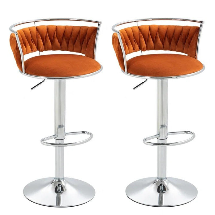 V255-GP2311R-ORANGE-202505231412-00 SERENITà Silver Swivel Upholstered Velvet Adjustable Height Counter Stool with Metal Frame Orange (Set of 2) - Image 1