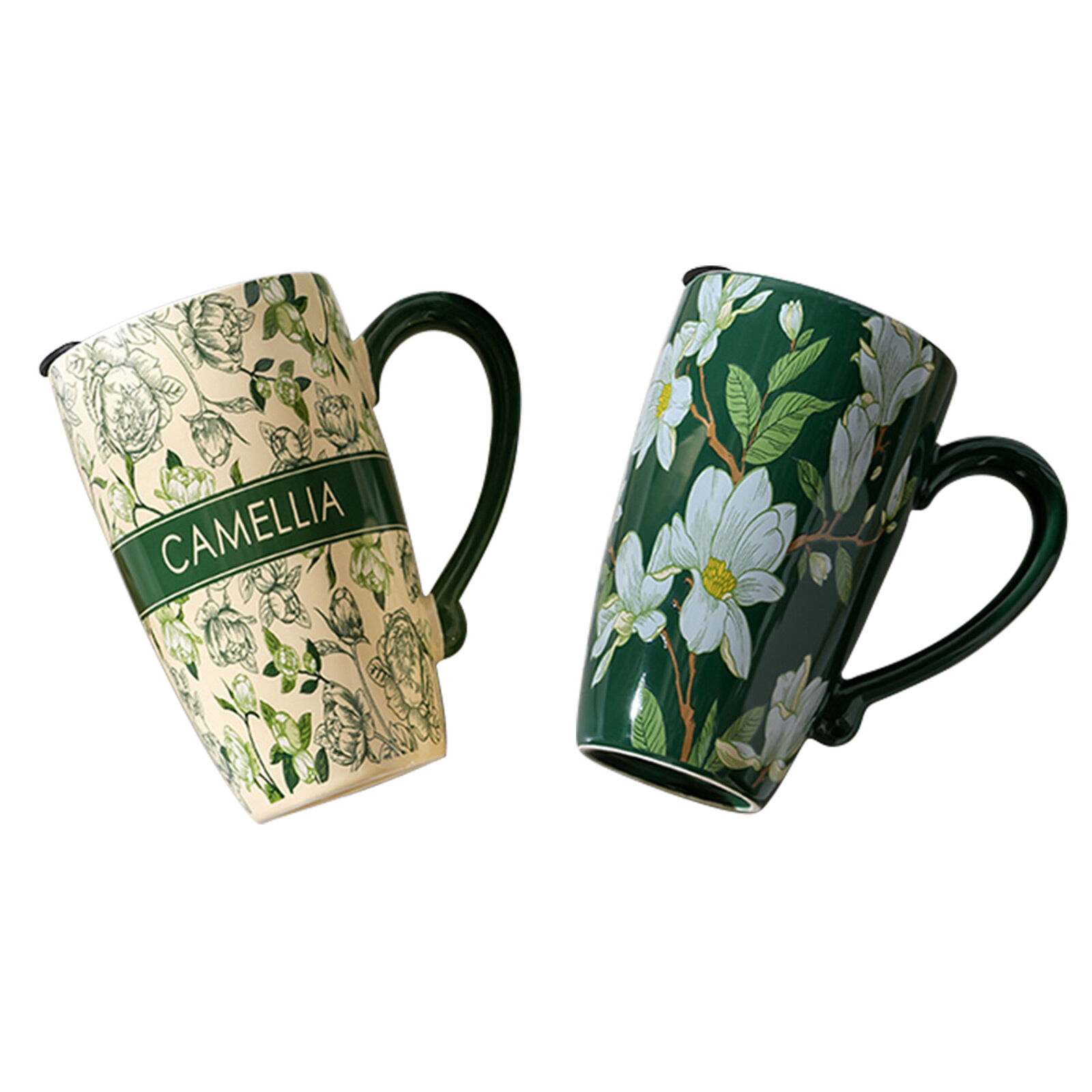 V274-HA-LA-P0024820-GNYE-222384-00 2X High-Fired Ceramic Porcelain Mug with Travel Lid 600ml Vintage Floral GREEN - Image 1