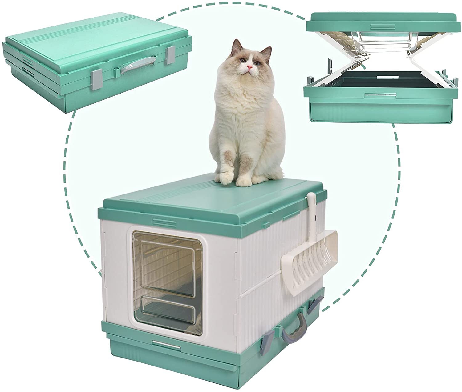 V278-AT1001-LITTER-TRAY-GREEN-67817-00 YES4PETS XL Portable Cat Toilet Litter Box Tray Foldable House with Handle and Scoop Green - Image 1