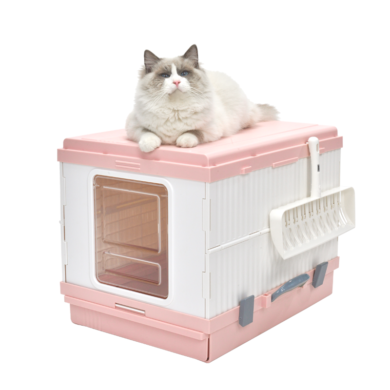V278-AT1001-LITTER-TRAY-PINK-67816-00 YES4PETS XL Portable Cat Toilet Litter Box Tray Foldable House with Handle and Scoop Pink - Image 1
