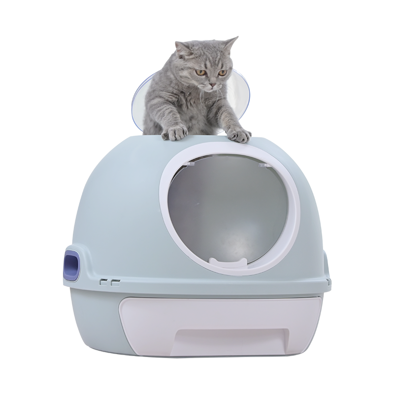 V278-AT1002-3-WINDOWTRAY-BLUE-67843-00 YES4PETS Hooded Cat Toilet Litter Box Tray House With Drawer & Scoop Blue - Image 1