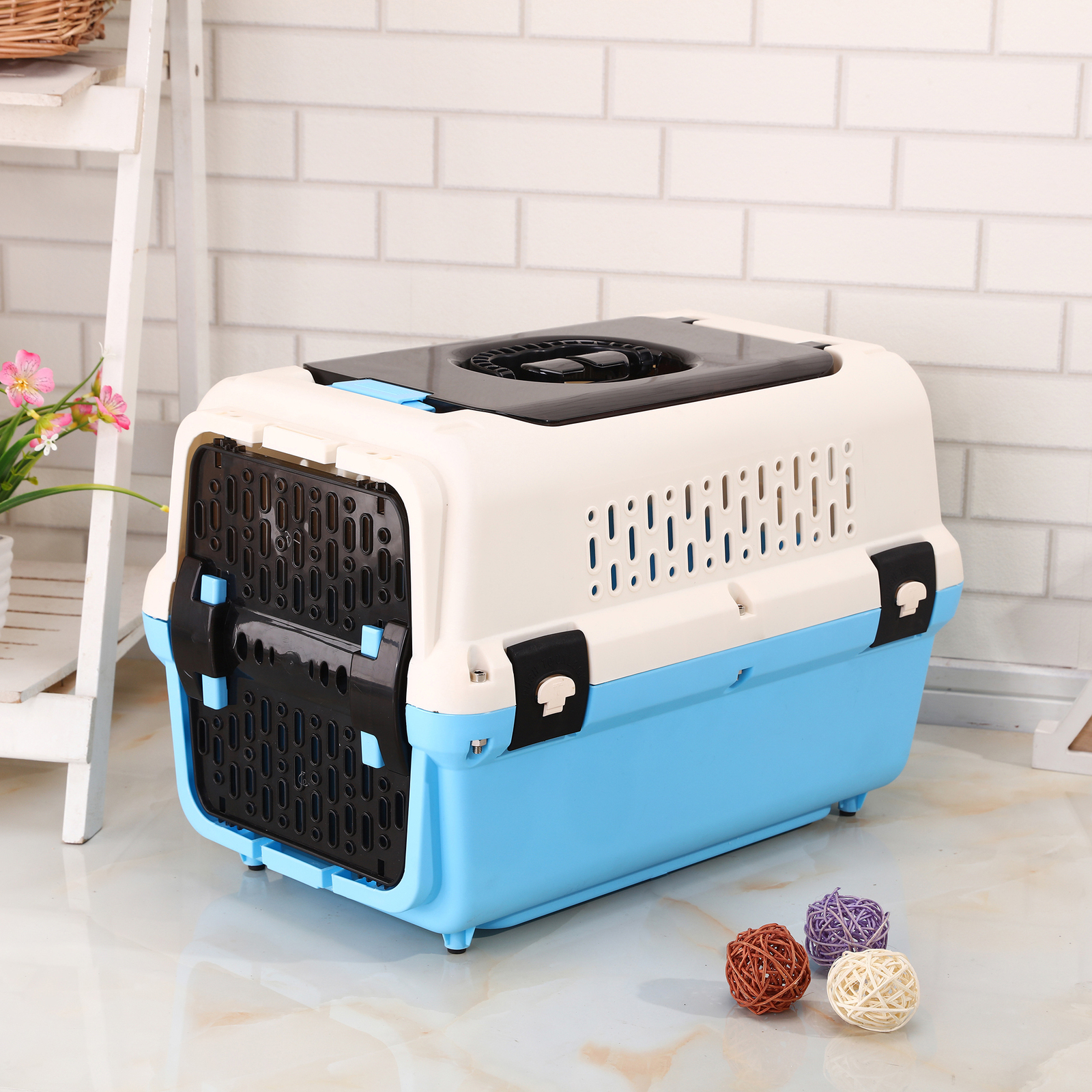 V278-BP272-L-CAGE-BLUE-67835-00 YES4PETS Large Dog Cat Crate Pet Rabbit Carrier Travel Cage With Tray & Window Blue - Image 1